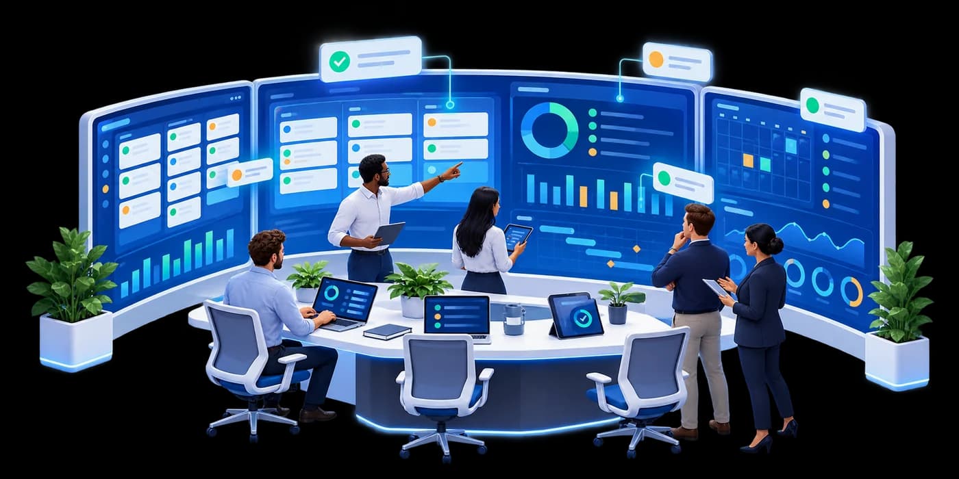 Tim pengelola gedung memantau dashboard pekerjaan bersama